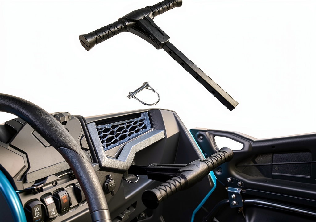 Passenger using SAUTVS grab bar on a Polaris RZR in a desert setting