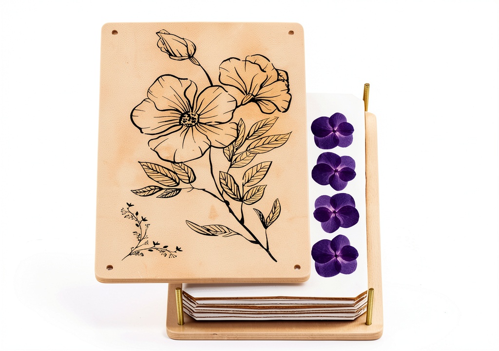 Berstuk flower press kit opened on a wooden table with fresh flowers and blotting paper
