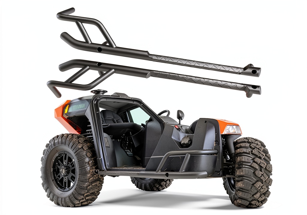 TIEZFUL side steps installed on a Polaris Ranger XP 1000 in a forest trail